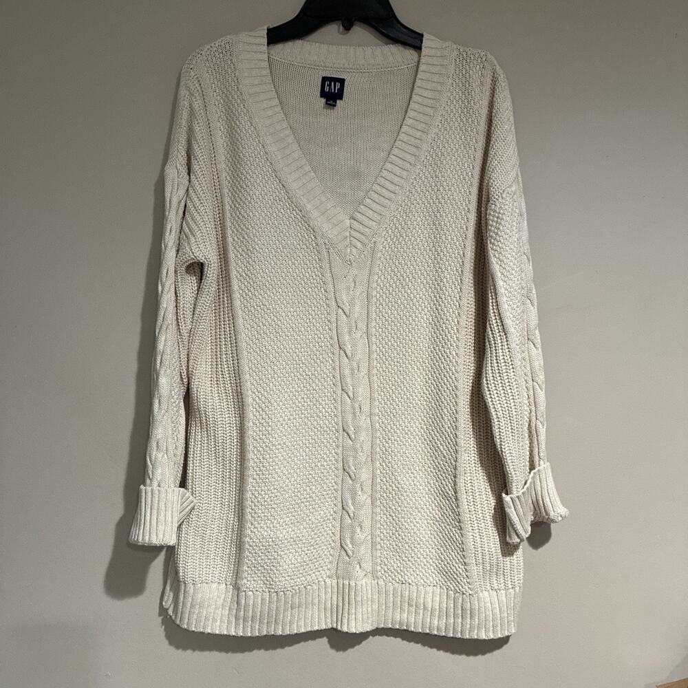 Gap Light Beige Chunky Cable Knit V Neck Oversized Boxy Sweater Neutral Sz Sm